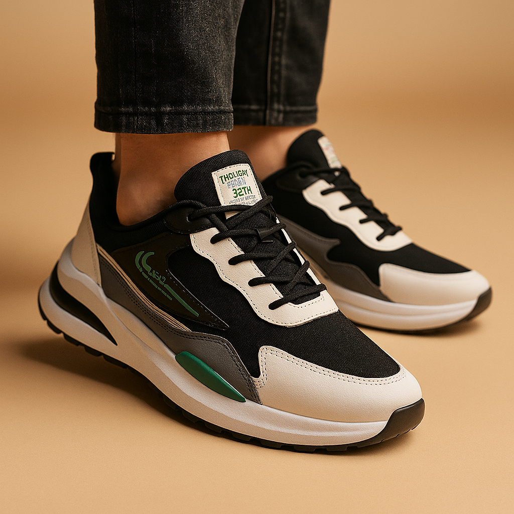 Lichtgewicht sportschoenen voor heren in zwart, grijs en blauw – ademend, stijlvol en ideaal voor dagelijks gebruik of sportieve activiteiten.