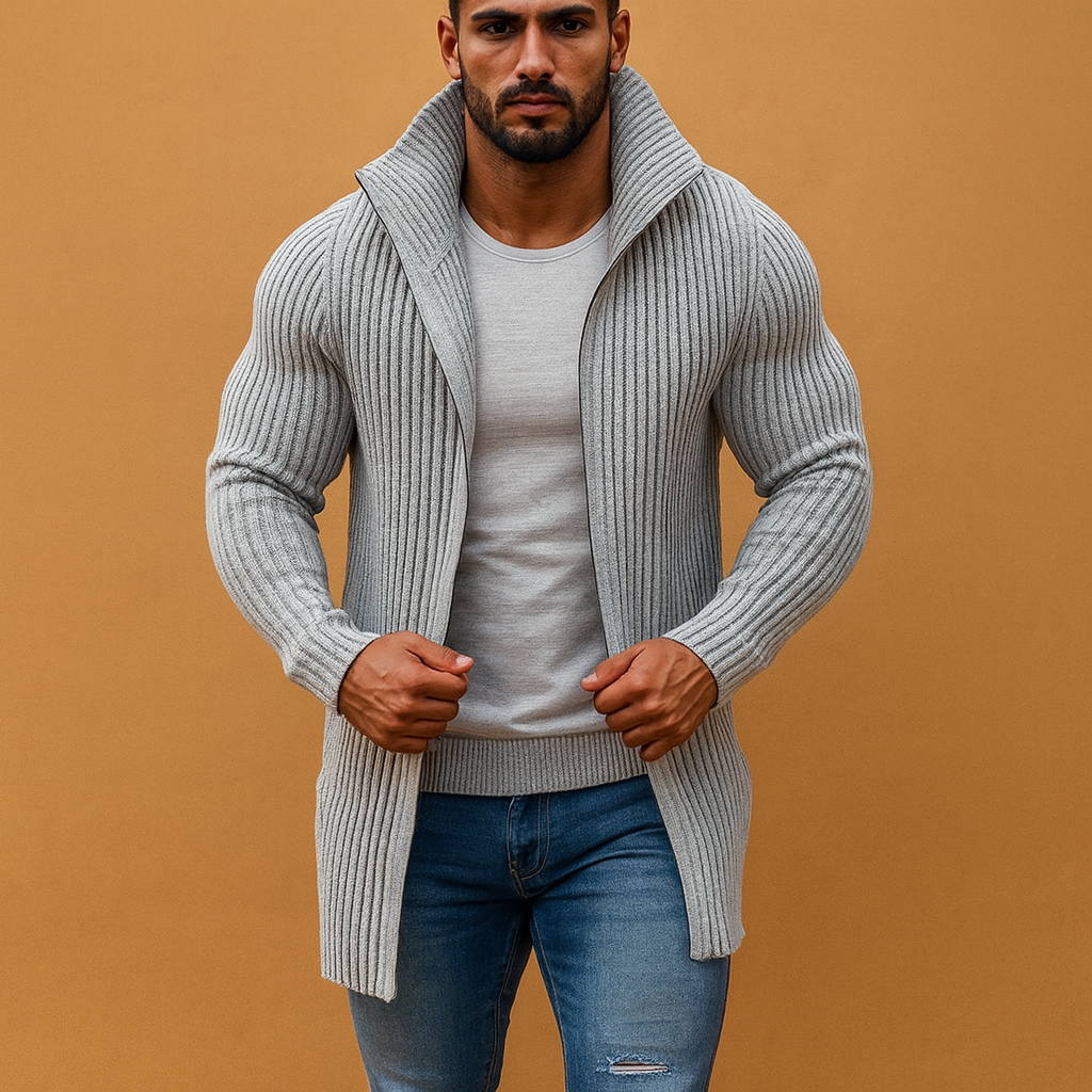 Men’s Stand Collar Striped Knit Cardigan