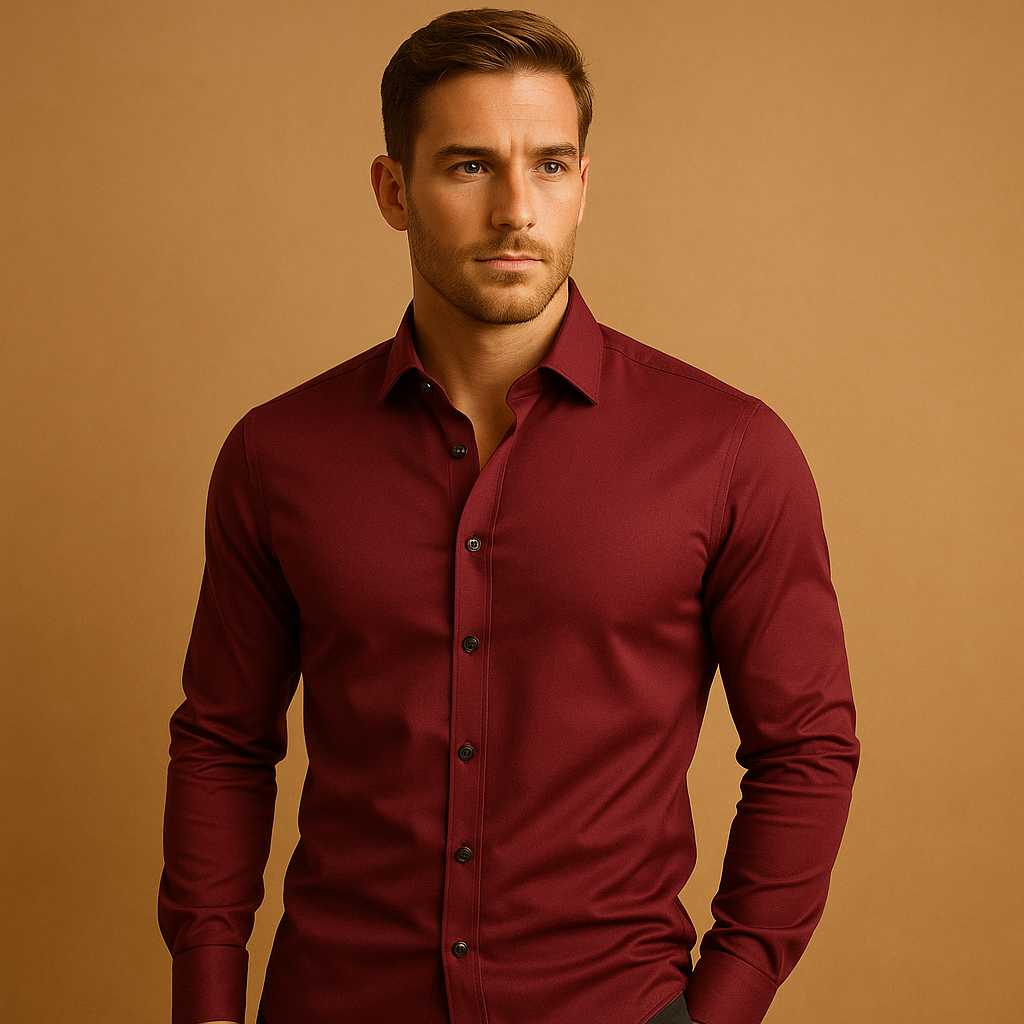 Men’s slim fit dress shirt with breathable stretch fabric, classic button-down design, and tailored fit for business or casual wear.