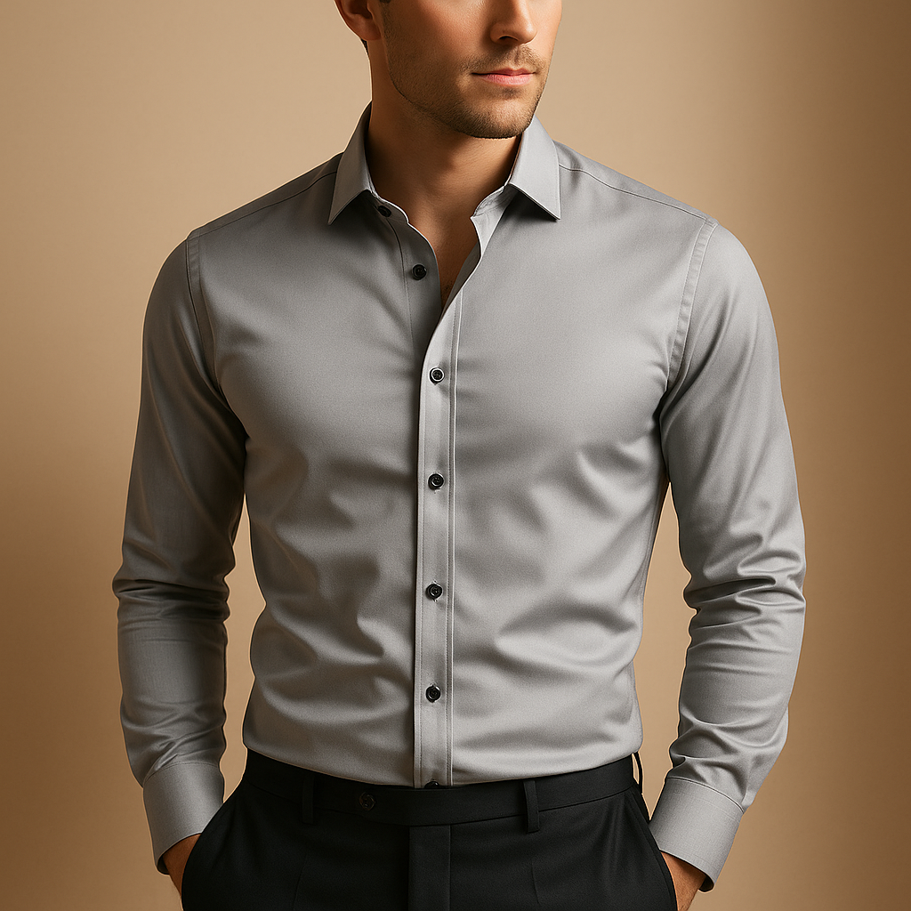 Men’s slim fit dress shirt with breathable stretch fabric, classic button-down design, and tailored fit for business or casual wear.